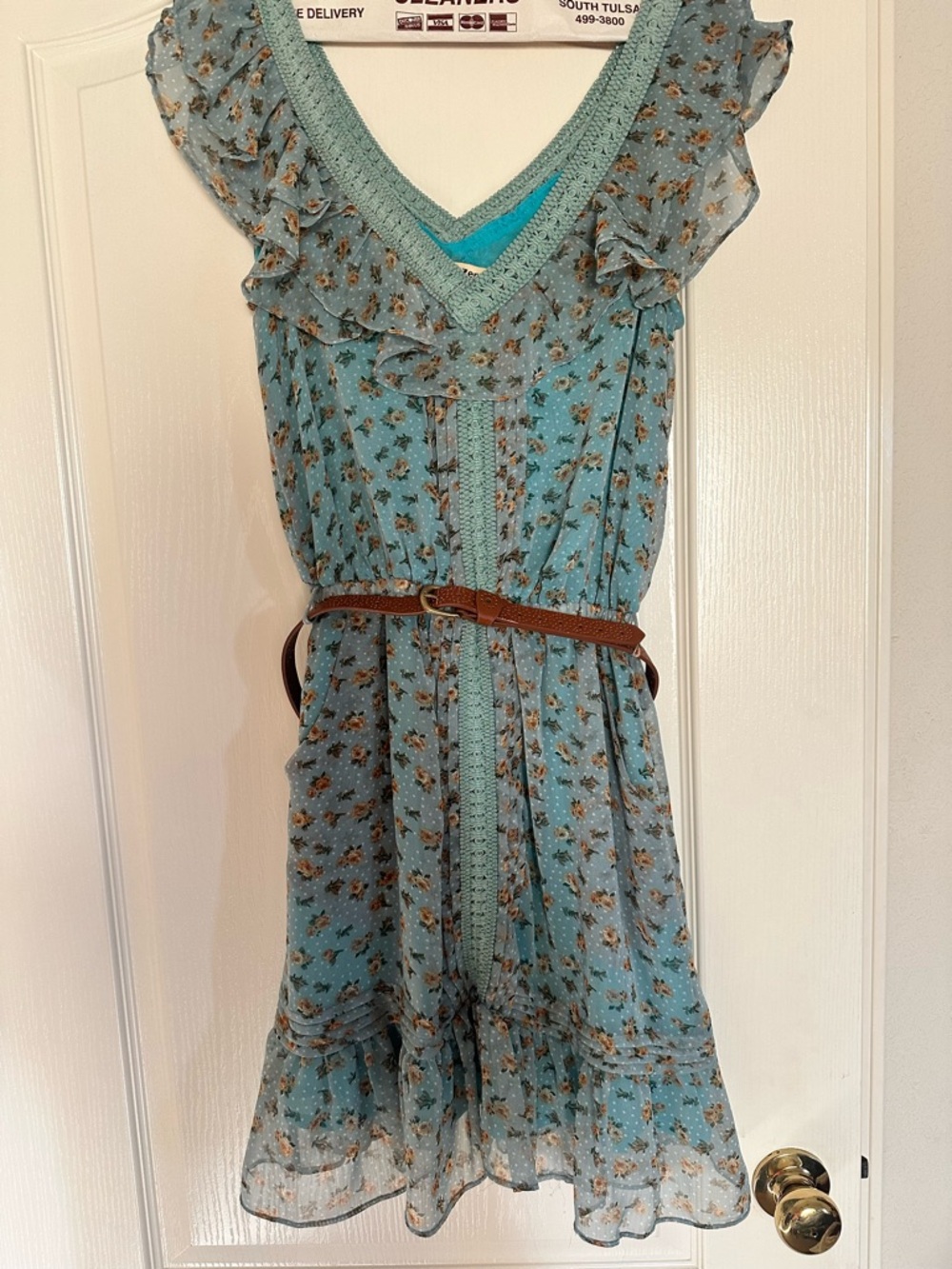Double Zero Teal Floral V-Neck Dress with Crochet Trim